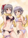  ass bikini black_bikini blush breasts cleavage drill_hair front-tie_top gloves grey_hair idolmaster idolmaster_cinderella_girls kanzaki_ranko koshimizu_sachiko large_breasts leg_garter looking_at_viewer looking_back multiple_girls red_eyes scarf shiny shiny_skin side-tie_bikini skindentation smile swimsuit twin_drills uraichishi white_bikini white_gloves 