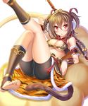  absurdres animal_print arm_behind_head arm_up bell bike_shorts blush braid breasts brown_hair chinese_zodiac cleavage cloud feet genderswap genderswap_(mtf) hair_between_eyes highres jingle_bell journey_to_the_west leg_up looking_at_viewer medium_breasts monkey_tail noboru_(ohayochan) o-ring o-ring_top open_mouth original polearm red_eyes sitting solo stirrup_legwear sun_wukong tail tiger_print toeless_legwear toes weapon year_of_the_monkey 