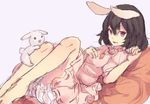  animal_ears black_hair bunny bunny_ears carrot carrot_necklace dress highres inaba_tewi jewelry pendant pink_dress red_eyes short_hair sketch solo touhou yuusei_tsukiro 