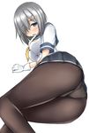  :o arm_support ass blush breasts brown_legwear from_behind gloves grey_skirt hair_over_one_eye hamakaze_(kantai_collection) highres kantai_collection kneepits large_breasts legs looking_back lying neckerchief on_side open_mouth panties panties_under_pantyhose pantyhose pleated_skirt school_uniform serafuku shirt short_hair short_sleeves silver_hair simple_background skirt sleeve_cuffs solo terakoya thighs underwear upskirt white_background white_gloves white_shirt yellow_neckwear 