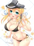  :d akairo_no_mako alcohol anchor_hair_ornament aqua_eyes armpits bare_shoulders beer beer_mug bikini black_bikini black_ribbon blonde_hair blush collarbone cup foam grey_hat hair_between_eyes hair_ornament hat heart highres holding holding_cup kantai_collection low_twintails midriff navel open_mouth peaked_cap polka_dot polka_dot_bikini prinz_eugen_(kantai_collection) pulled_by_self ribbon simple_background smile solo stomach strap_pull swimsuit tareme thigh_gap twintails white_background 