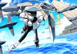  aircraft airplane anchor ankle_boots bent_over black_gloves black_legwear blonde_hair blue_sky boots breasts cannon closed_mouth day expressionless firing floating_hair full_body gloves graf_zeppelin_(kantai_collection) hat iron_cross kantai_collection large_breasts machinery miniskirt mizunashi_(second_run) motion_lines necktie ocean on_liquid outdoors pale_skin pantyhose peaked_cap red_neckwear short_hair sidelocks skating skirt sky soaking_hands solo splashing turret twintails water white_footwear white_hat 