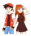  1girl :d black_dress black_gloves black_hair black_shirt blue_(pokemon) blue_eyes blush brown_hair fingerless_gloves headwear nervous pokemon pokemon_special red_(pokemon) red_eyes red_jacket white_gloves 