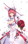  ahoge arc_system_works artist_request blush bouquet breasts bridal_veil cleavage clover dress earrings elphelt_valentine flower four-leaf_clover gloves green_eyes guilty_gear guilty_gear_xrd jewelry large_breasts long_sleeves looking_at_viewer luna_(gunfire) parted_lips pink_hair red_rose ribbon shiny shiny_clothes shiny_hair short_hair smile solo spikes veil wedding_dress white_dress 
