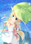  :o animal_ears bare_shoulders blonde_hair blue_eyes blush bow collarbone colored_eyelashes dress fox_ears fox_tail from_above full_body hair_bow highres holding holding_umbrella kushida_you leaf_umbrella long_hair looking_at_viewer looking_up original parted_lips red_ribbon ribbon sleeveless sleeveless_dress solo standing sundress tail tareme umbrella water water_drop white_bow white_dress 