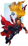  android avengers avengers:_age_of_ultron beard blonde_hair blue_eyes facial_hair hammer highres long_hair male_focus marvel mjolnir multiple_boys nikumeron superhero thor_(marvel) vision_(marvel) 