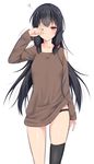  :o alternate_costume black_hair black_legwear black_panties collarbone hair_bobbles hair_ornament isokaze_(kantai_collection) kantai_collection long_hair no_pants one_eye_closed panties red_eyes rubbing_eyes single_thighhigh sleepy solo takeyuu thighhighs underwear very_long_hair 