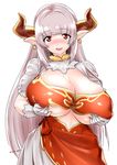  alicia_(granblue_fantasy) blush breast_hold breasts cleavage demon_girl dress earrings erect_nipples female gloves granblue_fantasy horns huge_breasts long_hair long_skirt looking_at_viewer open_mouth pointy_ears red_eyes silver_hair simple_background skirt smile solo standing tachikawa_negoro underboob upper_body very_long_hair white_background white_gloves 