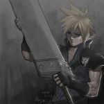  2012 artist_name black_gloves blonde_hair blue_eyes buster_sword cloud_strife dated facial_scar final_fantasy final_fantasy_vii final_fantasy_vii_advent_children fingerless_gloves gloves haje holding holding_sword holding_weapon male_focus muscle scar scar_on_cheek shoulder_pads signature solo sword upper_body weapon 