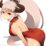  aliza_(granblue_fantasy) arched_back artist_name ass bangs bare_back bare_shoulders bent_over blunt_bangs breasts closed_mouth cowboy_shot draph dress earrings from_side granblue_fantasy hair_pulled_back headpiece horns jewelry large_breasts long_hair looking_to_the_side pointy_ears red_dress red_eyes shiny shiny_skin side_slit sideboob simple_background sleeveless sleeveless_dress smile solo standing sts tareme thighhighs very_long_hair white_background white_legwear 