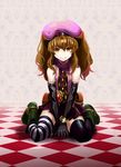  bad_id bad_pixiv_id belt belt_buckle beret black_legwear boots bracelet brown_eyes brown_hair buckle checkered checkered_floor closed_mouth elbow_gloves gloves hat highres jewelry knee_boots looking_at_viewer mismatched_legwear original own_hands_together pink_hat pleated_skirt purple_scarf purple_skirt rin_falcon scarf sidelocks sitting skirt solo striped striped_legwear thighhighs v_arms wariza zettai_ryouiki 