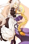  ;) ^_^ ^o^ apron armor armored_dress black_bow black_dress black_footwear black_legwear blue_dress blue_eyes blush bow braid closed_eyes dress eyebrows eyebrows_visible_through_hair fate/apocrypha fate/grand_order fate_(series) gauntlets hair_bow hands_on_another's_shoulders head_tilt headpiece hug jeanne_d'arc_(fate) jeanne_d'arc_(fate)_(all) juliet_sleeves jumping long_hair long_sleeves maid_apron maid_headdress marie_antoinette_(fate/grand_order) multiple_girls oiun one_eye_closed ponytail puffy_sleeves sheath sheathed shoes simple_background single_braid sleeve_cuffs smile standing sword thighhighs twintails two-tone_background very_long_hair weapon white_apron white_hair yuri zettai_ryouiki 