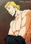  abs artist_name blonde_hair blue_eyes cleft_chin fire_emblem fire_emblem_if harold_(fire_emblem_if) male_focus muscle shima_deadstock shirtless solo undressing 