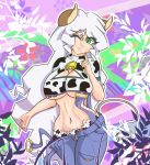  1girl animal_ears animal_print bell breasts cleavage cleavage_cutout cow_bell cow_ears cow_girl cow_tail green_eyes holstaurus holstaurus_(mamono_girl_lover) large_breasts looking_at_viewer mamono_girl_lover monster_girl monster_girl_encyclopedia revealing_clothes solo suspenders tail underboob winking 