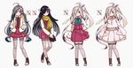  3girls ahoge alternate_costume asashimo_(kantai_collection) black_hair boots bow bowtie brown_eyes capelet character_name coat dress film_grain full_body grey_hair hachimaki hair_over_one_eye hair_ribbon hairband hands_in_pockets hayashimo_(kantai_collection) headband highres jacket kantai_collection kiyoshimo_(kantai_collection) long_hair looking_at_viewer multiple_girls pantyhose paper_background ponytail purple_eyes ribbon scarf school_uniform smile standing thigh_strap twintails very_long_hair wavy_hair 