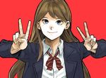  blue_eyes brown_hair double_v dress_shirt hiro_(chumo) jacket long_hair open_clothes open_jacket red_background shirt simple_background smile solo v white_shirt 