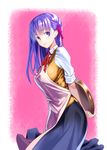  apron arms_behind_back blush breasts coffee_cat fate/stay_night fate_(series) from_side hair_ribbon homurahara_academy_uniform large_breasts long_hair looking_at_viewer matou_sakura purple_eyes purple_hair ribbon school_uniform smile solo tray 
