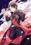  brown_hair coat earrings grin highres jewelry kashuu_kiyomitsu makoto_(roketto-massyumaro) male_focus mole mole_under_mouth nail_polish petals pointing ponytail red_eyes red_nails smile solo touken_ranbu 