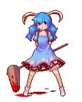  :o ambiguous_red_liquid animal_ears arms_behind_back bloomers blue_hair bunny_ears dress ear_piercing full_body ichi_et kine low_twintails lowres mallet moon_print piercing pixel_art red_eyes seiran_(touhou) socks solo star star_print touhou transparent_background twintails underwear 