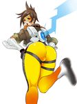  :o ass bodysuit breasts brown_eyes brown_hair goggles hands_on_hips highres leaning_forward leg_lift looking_at_viewer looking_back medium_breasts motion_blur orange_bodysuit overwatch pants shibusun short_hair solo thighs tight tight_pants tracer_(overwatch) 