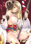  anila_(granblue_fantasy) blonde_hair blush breasts coffee_cat covered_nipples draph eyebrows granblue_fantasy horns large_breasts long_hair looking_at_viewer sheep_horns sideboob simple_background solo thighhighs white_legwear yellow_eyes 