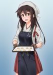  &gt;:d 1girl akagi_(kantai_collection) alfort_(brand) anti_(untea9) apron blue_background brown_eyes brown_gloves brown_hair commentary_request cowboy_shot gloves gradient gradient_background hakama_skirt highres holding holding_tray japanese_clothes kantai_collection long_hair looking_at_viewer red_skirt simple_background skirt solo straight_hair tasuki tray valentine you&#039;re_doing_it_wrong 