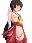  adapted_costume amayadori_machi arms_behind_back bangs black_hair blunt_bangs breasts brown_eyes cameltoe covered_nipples detached_sleeves japanese_clothes jewelry kumamiko long_hair looking_at_viewer low_ponytail miko necklace open_mouth oshiza outfit_4_(kumamiko) ponytail revealing_clothes simple_background small_breasts solo string_panties underboob very_long_hair white_background 
