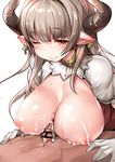  ajishio alicia_(granblue_fantasy) bar_censor breasts censored cleavage cum cum_on_body cum_on_breasts cum_on_upper_body draph earrings gloves granblue_fantasy grey_hair horns jewelry large_breasts long_hair nipples one_eye_closed paizuri penis pointy_ears red_eyes smile solo_focus sweat white_gloves 