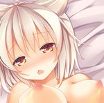  :o animal_ears bed_sheet bismarck_(zhan_jian_shao_nyu) blonde_hair blush breasts close-up collarbone eyebrows eyebrows_visible_through_hair face highres jyt large_breasts looking_at_viewer nipples nose_blush open_mouth red_eyes remodel_(zhan_jian_shao_nyu) saliva saliva_trail short_hair solo wolf_ears zhan_jian_shao_nyu 