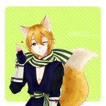  animal_ears brown_eyes character_name fingerless_gloves fire_emblem fire_emblem_if fox_ears fox_tail gloves heart highres male_focus nishiki_(fire_emblem_if) one_eye_closed orange_hair scarf solo striped striped_scarf tail yukiiruuu 