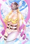  angel_wings angewomon asymmetrical_clothes bare_shoulders belt blonde_hair blue_sky blush breastplate breasts cleavage cloud collarbone day digimon digimon_adventure digimon_adventure_tri. elbow_gloves feathered_wings feathers gloves head_wings helmet highres large_breasts long_hair looking_at_viewer multiple_wings navel otono_fei ribbon single_elbow_glove single_glove sky smile solo sparkle thigh_strap white_gloves white_wings wings 