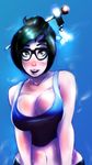  bare_shoulders blush breasts brown_eyes brown_hair cleavage large_breasts looking_at_viewer mei_(overwatch) midriff navel open_mouth overwatch solo tank_top 