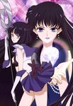  absurdres bishoujo_senshi_sailor_moon black_hair diamond dual_persona earrings gloves highres holding holding_spear holding_weapon jewelry lipstick long_hair looking_at_viewer maboroshi_no_ginzuishou makeup mistress_9 multiple_girls official_art open_mouth outstretched_hand pearl polearm purple_eyes purple_lipstick purple_sailor_collar sailor_collar sailor_saturn sailor_senshi_uniform short_hair silence_glaive smile spear takahashi_akira tomoe_hotaru weapon white_gloves 