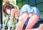  absurdres all_fours ass bare_legs barefoot blurry blush body_blush breasts brown_hair cup depth_of_field drinking_glass from_behind hair_ornament highres huge_filesize ice ice_cube long_hair long_legs looking_at_viewer looking_back miniskirt no_bra panties scan shiny shiny_skin sideboob skirt sleeveless small_breasts smile soles solo sweat tank_top to_love-ru to_love-ru_darkness tree underwear upskirt white_panties yabuki_kentarou yellow_eyes yuuki_mikan 
