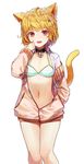  :d animal_ears arm_up bare_legs bell bikini bikini_top blonde_hair blush brown_jacket cat_ears cat_tail choker collarbone collared_shirt cowboy_shot eyebrows eyebrows_visible_through_hair fang flat_chest green_bikini hair_ornament hairclip hand_in_pocket hand_on_own_face highres jacket jingle_bell kim_eb long_sleeves looking_at_viewer midriff navel open_clothes open_jacket open_mouth original red_eyes shirt short_hair simple_background smile solo standing stomach swimsuit tail tooth tsurime unzipped white_background white_shirt wing_collar 