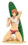  1boy abs boy green_eyes looking_at_viewer male_focus mazjojo multicolored_hair muscle pecs shirt_lift solo summer tattoo undressing 