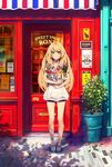  blonde_hair blush candy candy_cane carrying commentary dress english food full_body highres lollipop long_hair looking_at_viewer mouth_hold original outdoors pavement solo standing swirl_lollipop white_dress yellow_eyes yohan12 
