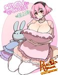  agawa_ryou artist_name breasts cleavage crush_crush elle_(crush_crush) frilled_pillow frills huge_breasts jewelry looking_at_viewer necklace pillow pillow_hug pink_hair red_eyes signature smile solo stuffed_animal stuffed_bunny stuffed_toy thighhighs thighs watermark web_address white_legwear 