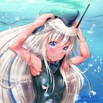  air_bubble blonde_hair blue_eyes blush bubble cosplay garrison_cap hat hoshiyuki_aruru kantai_collection long_hair one-piece_swimsuit ro-500_(kantai_collection) school_swimsuit smile solo swimsuit tan u-511_(kantai_collection) u-511_(kantai_collection)_(cosplay) underwater water 