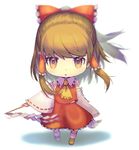  ascot bad_id bad_pixiv_id blur blurry bow brown_eyes brown_hair chibi depth_of_field detached_sleeves gohei hair_bow hair_tubes hakurei_reimu looking_at_viewer short_hair simple_background solo touhou white_background ya_teng_si_mi 