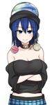  bare_shoulders blue_eyes blue_hair breasts chain cleavage collar crossed_arms earth_(ornament) hat hecatia_lapislazuli highres kuroba_rapid large_breasts long_hair looking_at_viewer moon_(ornament) polos_crown shirt simple_background skirt smile solo t-shirt touhou tsurime white_background 