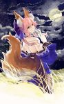  absurdres animal_ears blue_legwear detached_sleeves fate/extra fate_(series) fox_ears fox_tail full_moon hair_ribbon highres japanese_clothes looking_at_viewer looking_back moon pink_hair ribbon satsuki_(satsuki1987) solo tail tamamo_(fate)_(all) tamamo_no_mae_(fate) yellow_eyes 