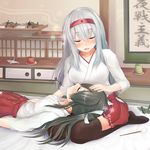  :d absurdres bed bed_sheet black_legwear black_ribbon blush breasts chest_of_drawers closed_eyes closed_mouth drawer flower full_body futon green_hair hair_between_eyes hairband hakama_skirt headband highres hip_vent japanese_clothes kantai_collection kimono lap_pillow large_breasts long_hair long_sleeves md5_mismatch mimikaki miniature morutaru multiple_girls on_bed open_mouth origami paper_crane pleated_skirt red_skirt ribbon room saucer scroll shelf shirt shoukaku_(kantai_collection) silver_hair sitting skirt sleeping smile thighhighs tissue tissue_box toy_airplane twintails upper_body wariza white_shirt zettai_ryouiki zuikaku_(kantai_collection) zzz 