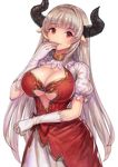  alicia_(granblue_fantasy) breasts center_opening cleavage draph dress earrings gloves granblue_fantasy horns jewelry large_breasts long_hair pointy_ears puffy_sleeves red_eyes silver_hair solo urokoda white_gloves 