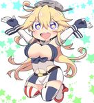  :d \o/ arms_up blonde_hair breasts chibi elbow_gloves fingerless_gloves full_body gloves hair_between_eyes iowa_(kantai_collection) jumping kantai_collection large_breasts long_hair miniskirt open_mouth outstretched_arms purple_eyes round_teeth signature skirt smile solo star star-shaped_pupils symbol-shaped_pupils teeth thighhighs tsukko_(3ki2ne10) 