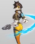  artist_name ass bodysuit brown_eyes brown_hair dual_wielding energy goggles hair_over_one_eye highres hinew_kim holding jacket light_smile looking_at_viewer looking_back orange_bodysuit overwatch pants short_hair solo spiked_hair tracer_(overwatch) yellow_pants 