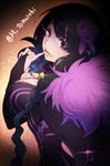  bangs black_hair braid breasts cleavage cleavage_cutout commentary_request elsa_granhilte finger_licking fingerless_gloves gloves hair_ornament large_breasts licking long_hair looking_at_viewer mole mole_under_eye purple_eyes re:zero_kara_hajimeru_isekai_seikatsu smile solo tomoyohi tongue tongue_out translation_request twitter_username 