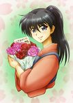  black_hair bouquet carnation floral_background flower from_side grey_eyes hair_ribbon hair_tie highres houshou_(kantai_collection) japanese_clothes kantai_collection letter looking_at_viewer majin_go! red_carnation red_flower ribbon smile solo translated upper_body 
