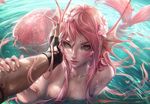 1girl breasts fins green_eyes looking_at_viewer mermaid monster_girl original partially_submerged pink_hair pov sakimichan solo_focus water 