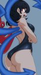  ass asymmetrical_wings backless_outfit bare_back bare_shoulders black_hair breasts crossed_arms fang houjuu_nue large_breasts looking_at_viewer looking_back one-piece_swimsuit open_mouth red_eyes short_hair simple_background solo space_jin swimsuit touhou wings 